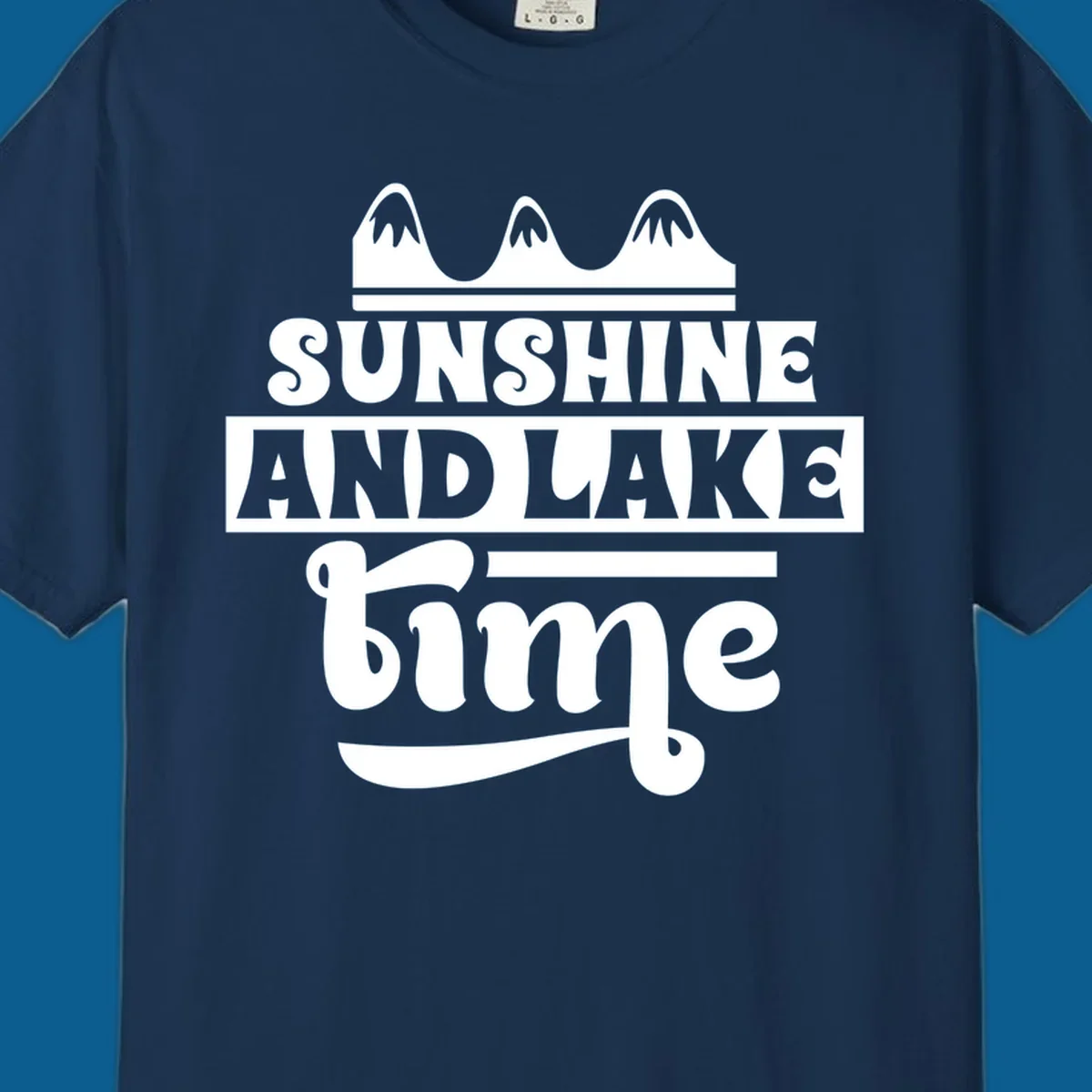 Sunshine and lake time graphic with mountains, white and navy.