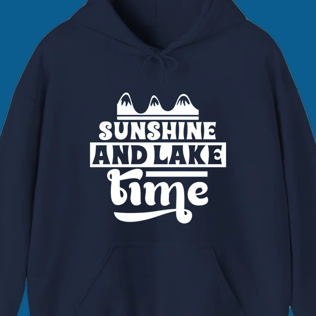 Sunshine and lake time graphic with mountains, white and navy.