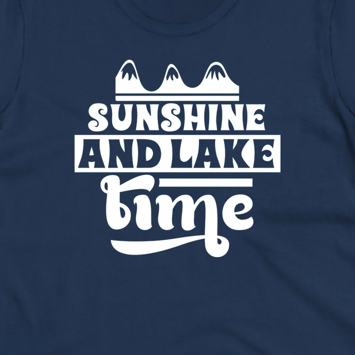 Sunshine and lake time graphic with mountains, white and navy.