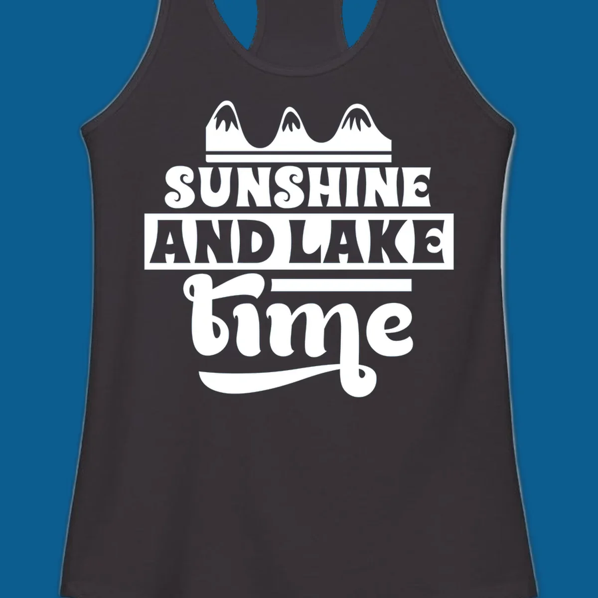 Sunshine and lake time graphic with mountains, white and navy.