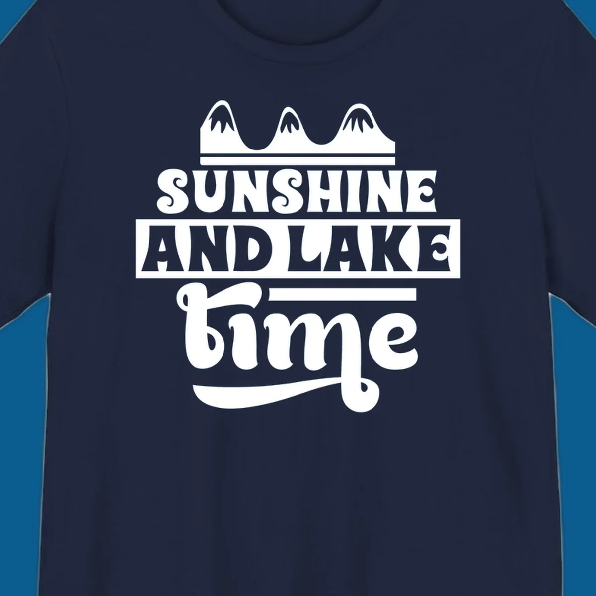 Sunshine and lake time graphic with mountains, white and navy.