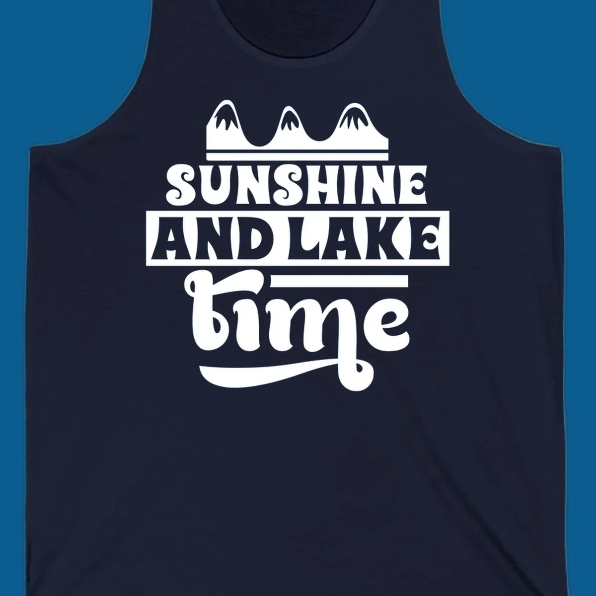 Sunshine and lake time graphic with mountains, white and navy.