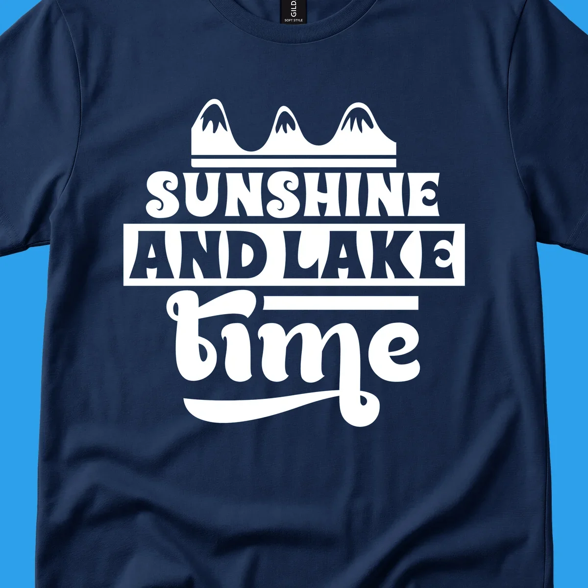 Sunshine and lake time graphic with mountains, white and navy.