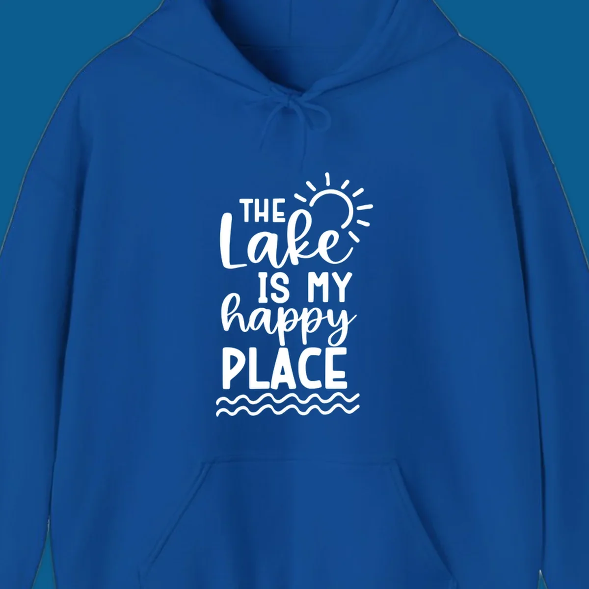The Lake Is My Happy Place text design with sun and waves graphic.