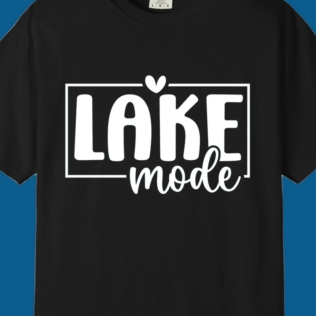 Lake life mode text with heart and outline, white on black, navy on white.