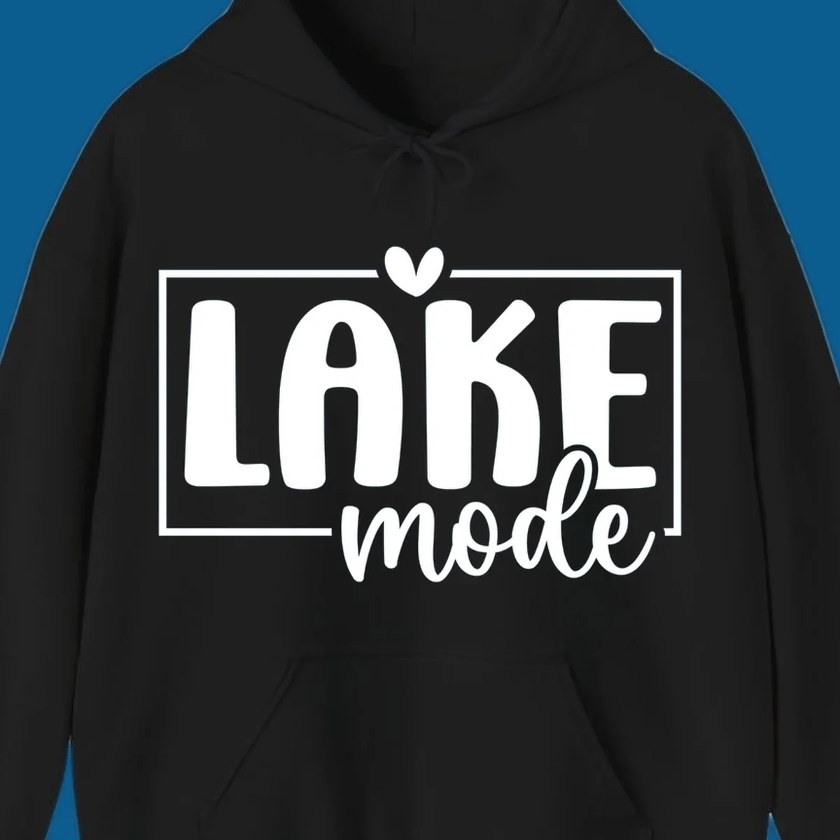 Lake life mode text with heart and outline, white on black, navy on white.