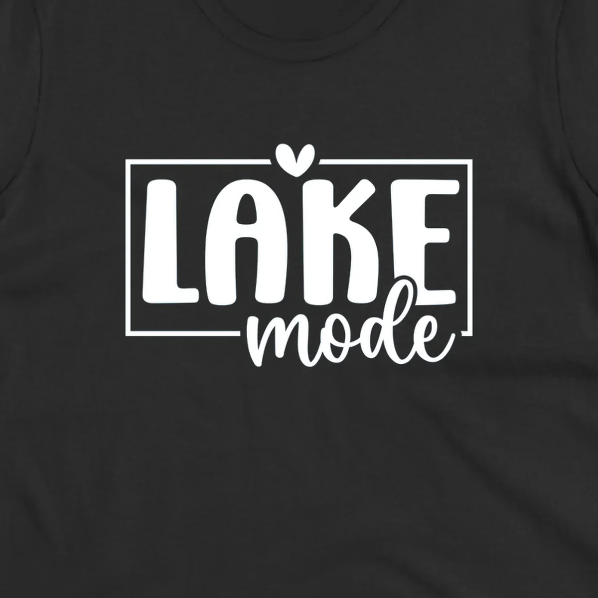 Lake life mode text with heart and outline, white on black, navy on white.