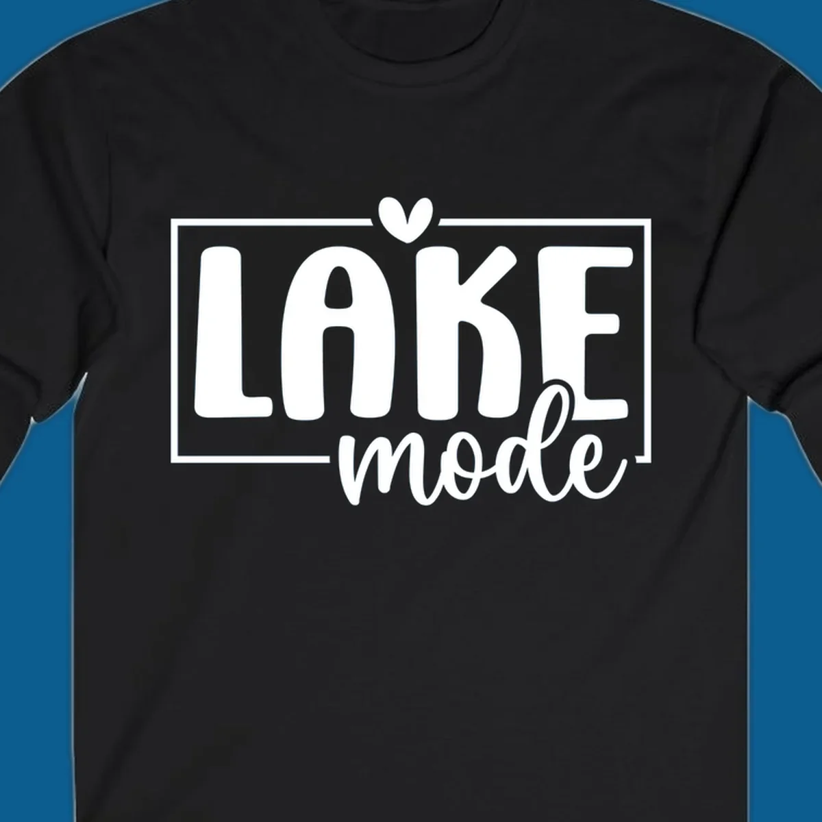 Lake life mode text with heart and outline, white on black, navy on white.