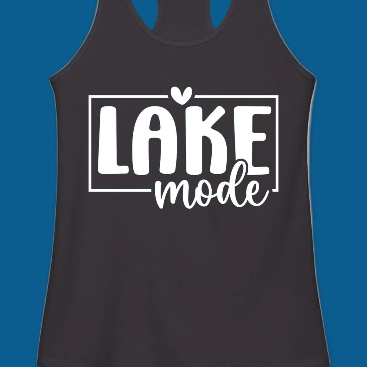 Lake life mode text with heart and outline, white on black, navy on white.