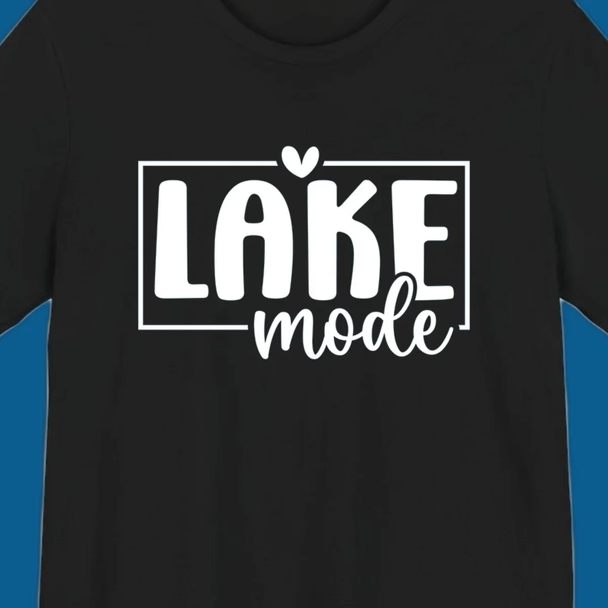 Lake life mode text with heart and outline, white on black, navy on white.