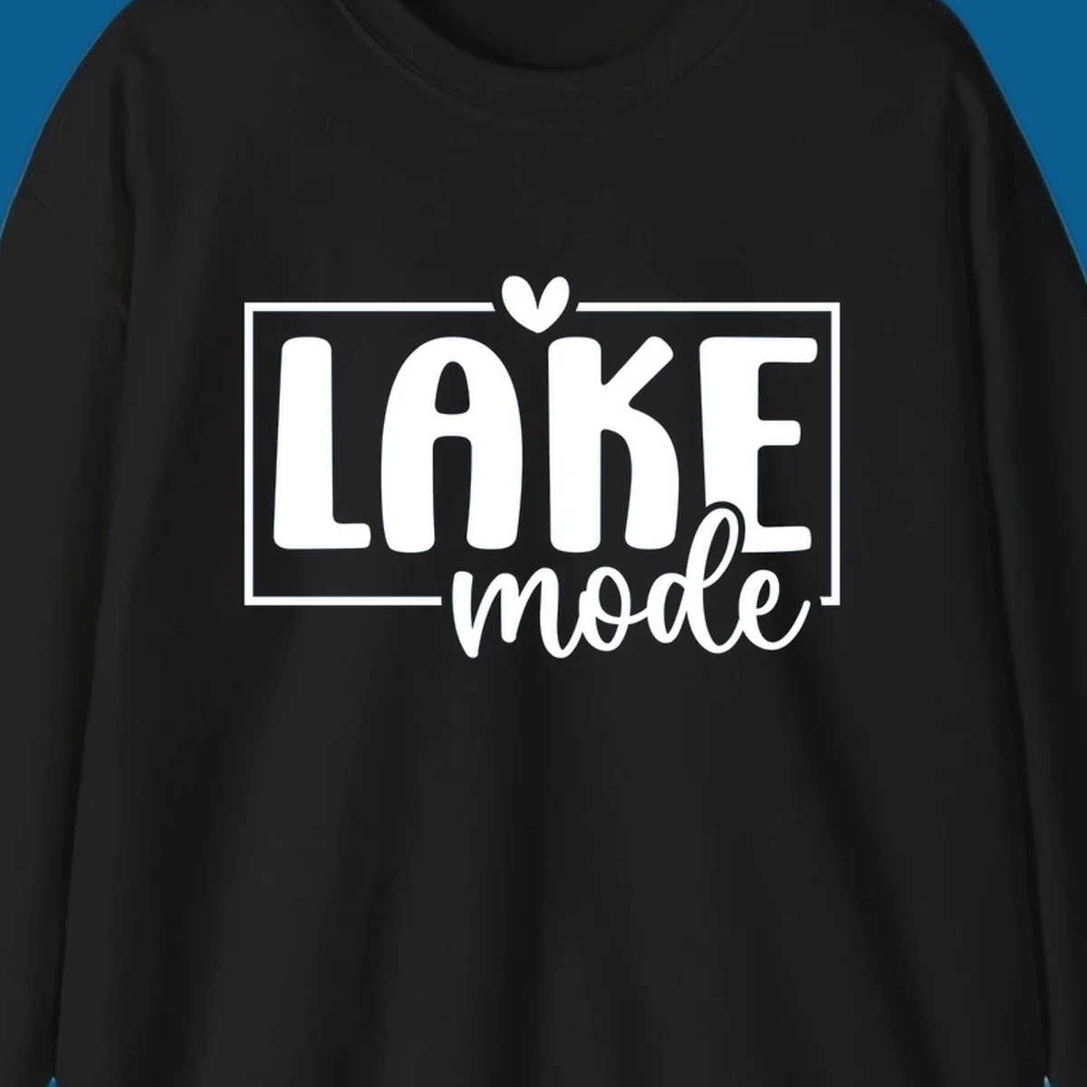 Lake life mode text with heart and outline, white on black, navy on white.