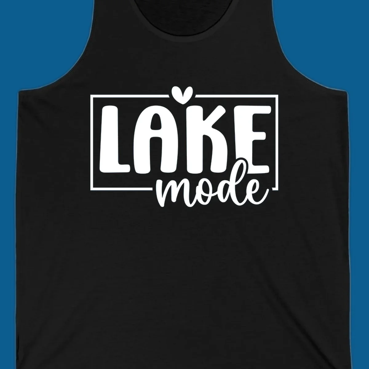 Lake life mode text with heart and outline, white on black, navy on white.