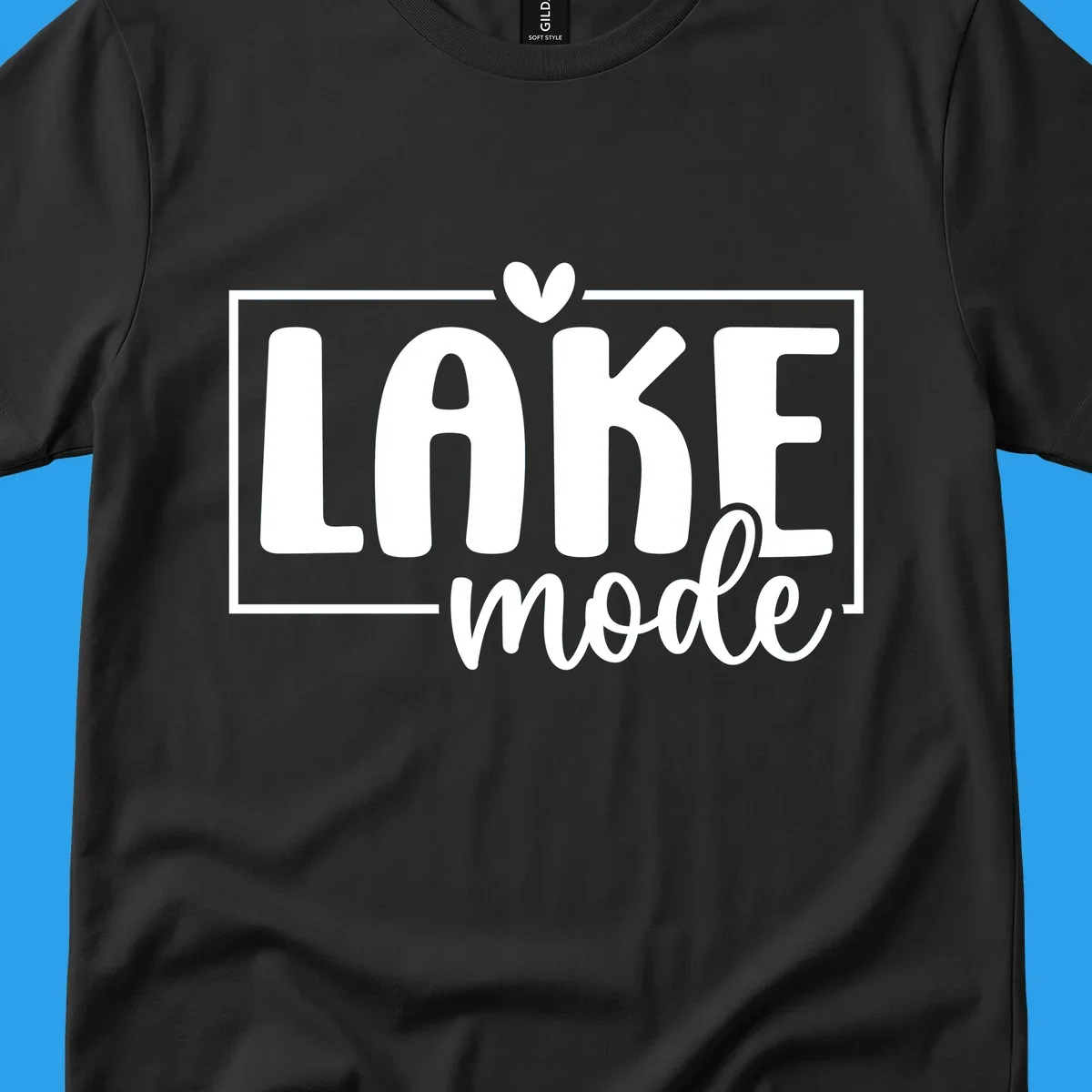Lake life mode text with heart and outline, white on black, navy on white.