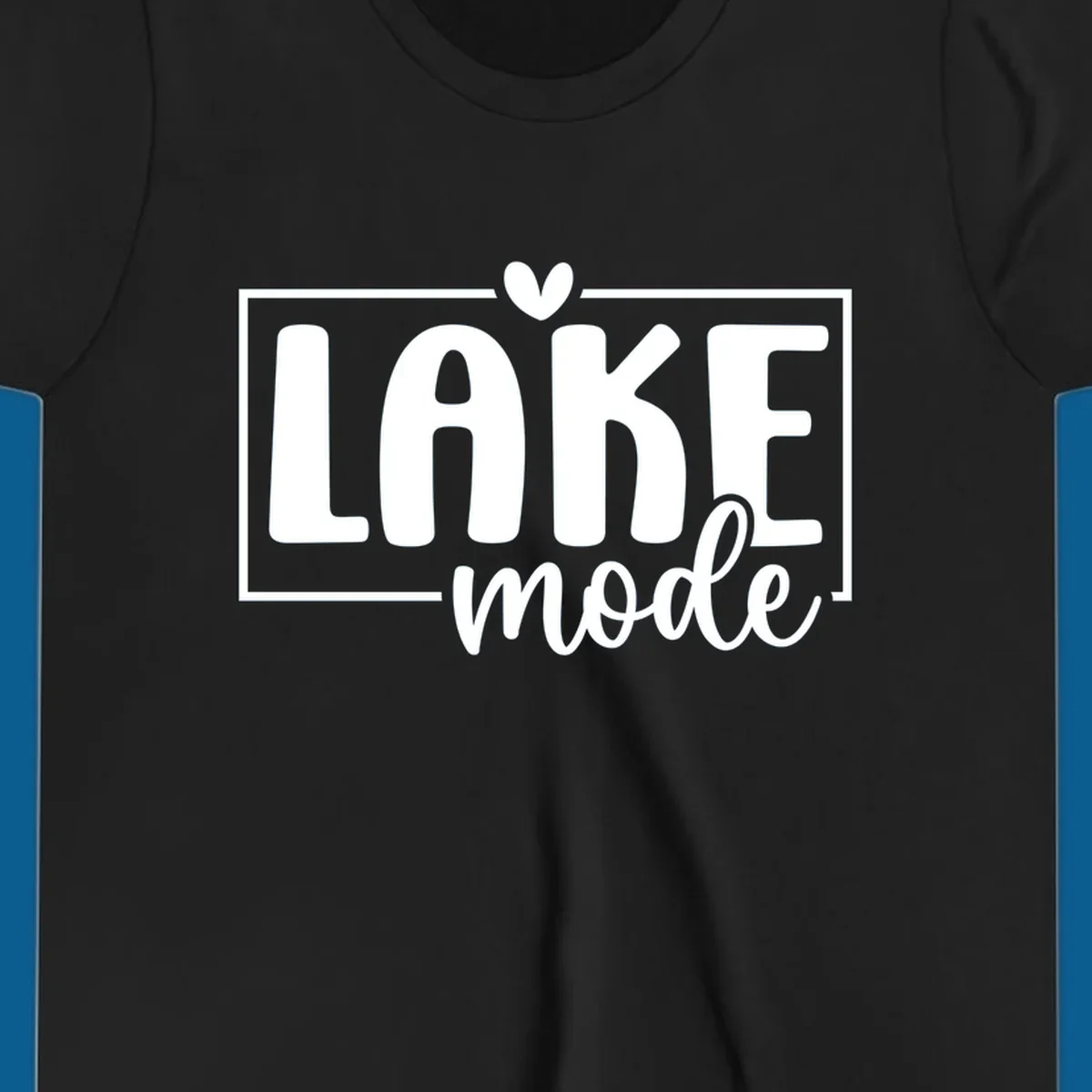 Lake life mode text with heart and outline, white on black, navy on white.