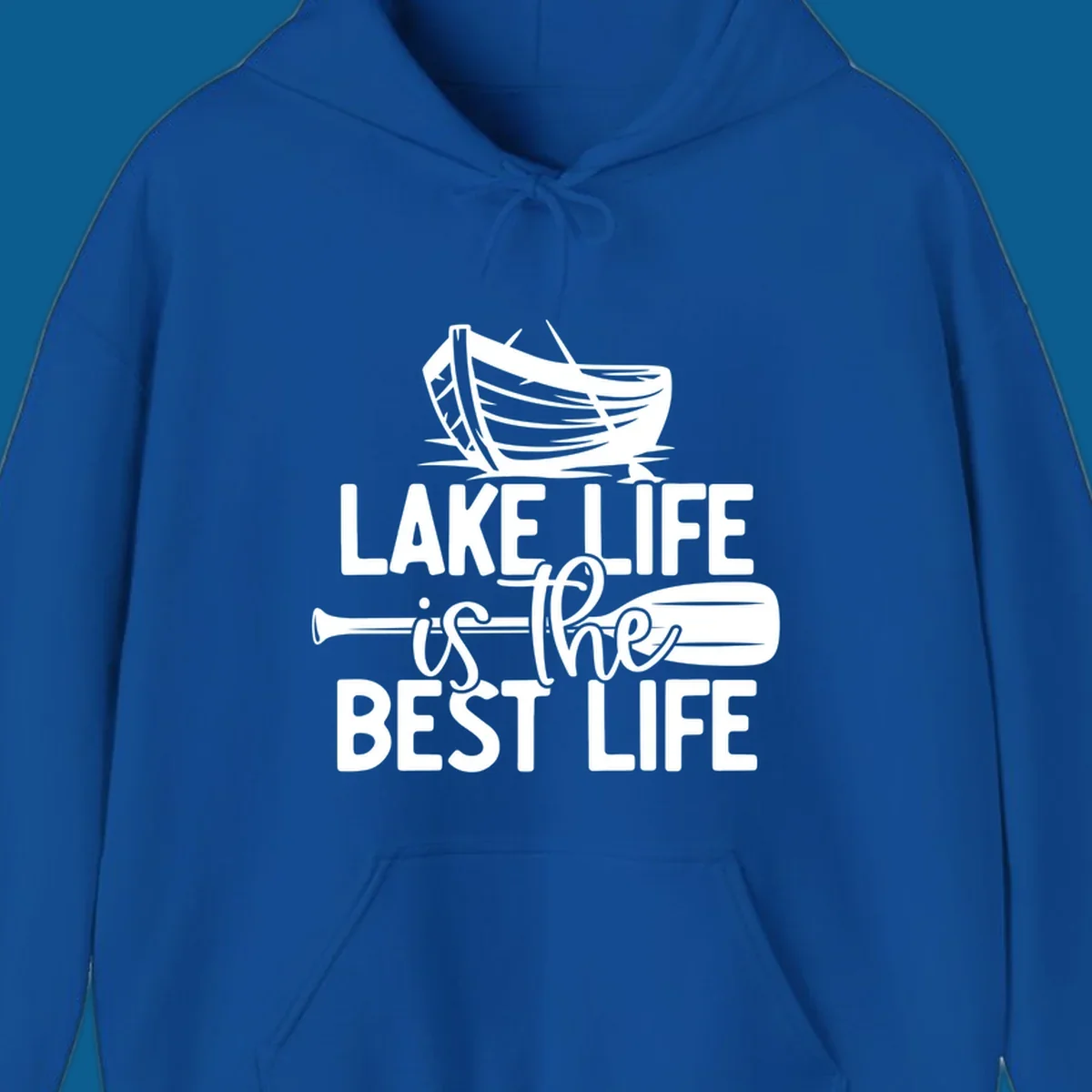 Lake life is the best life text and graphics featuring a rowboat and oar.
