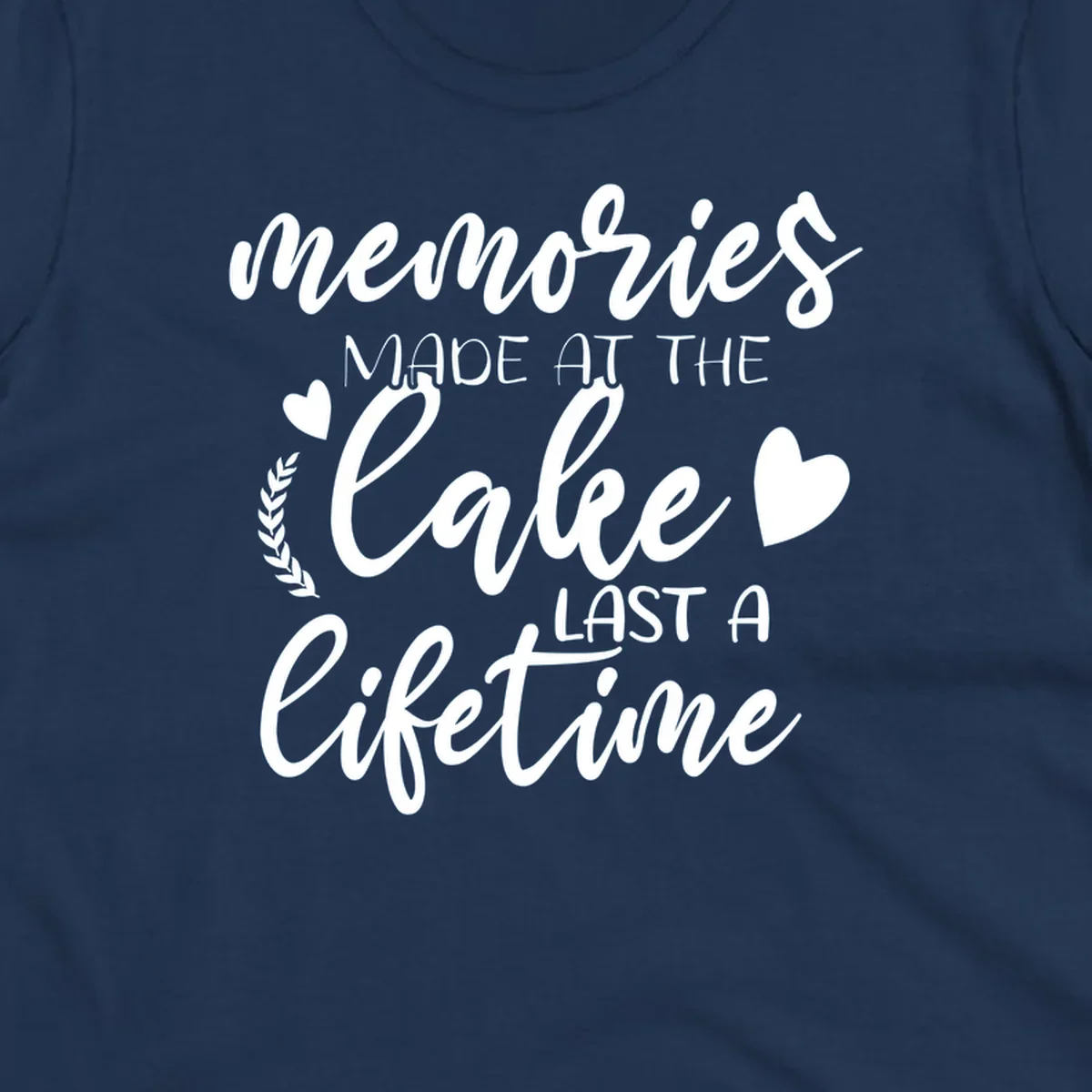 Lake life memories text design with hearts and laurel wreath.