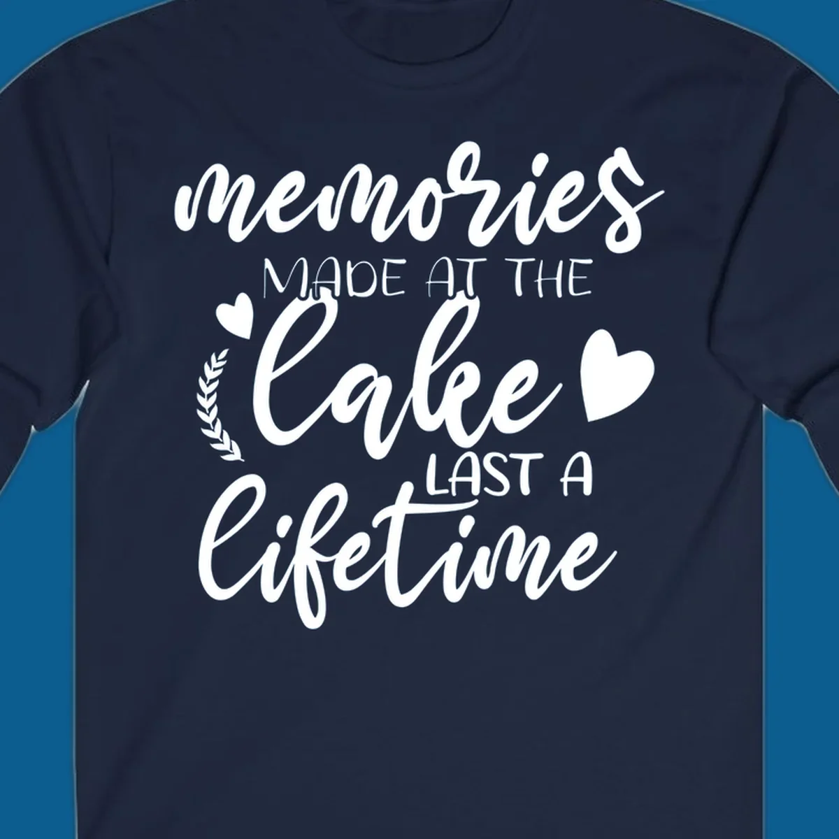 Lake life memories text design with hearts and laurel wreath.