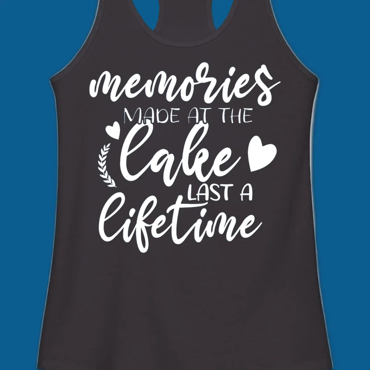 Lake life memories text design with hearts and laurel wreath.