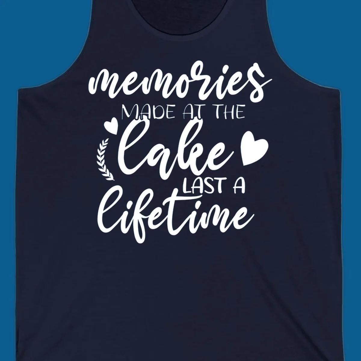 Lake life memories text design with hearts and laurel wreath.