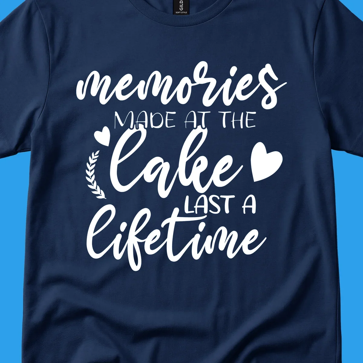 Lake life memories text design with hearts and laurel wreath.