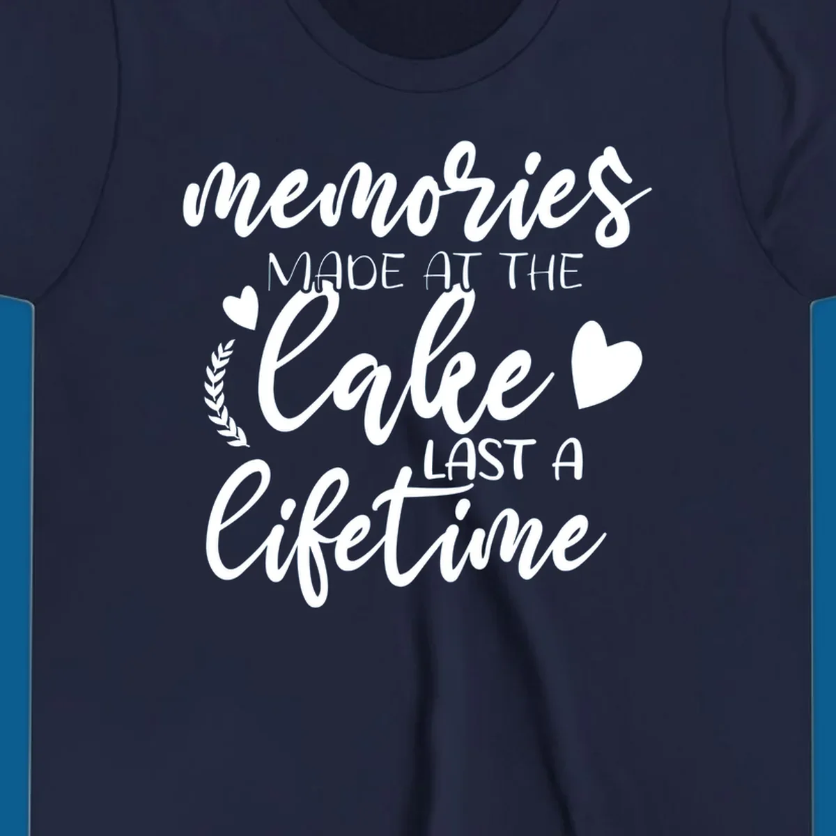 Lake life memories text design with hearts and laurel wreath.