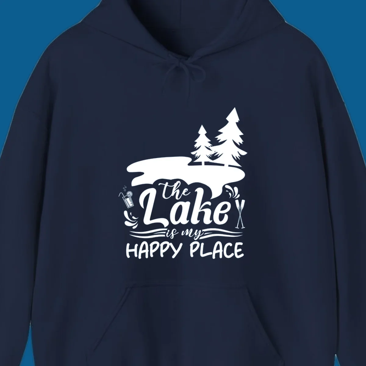 The Lake is My Happy Place text and graphics with lake and trees.