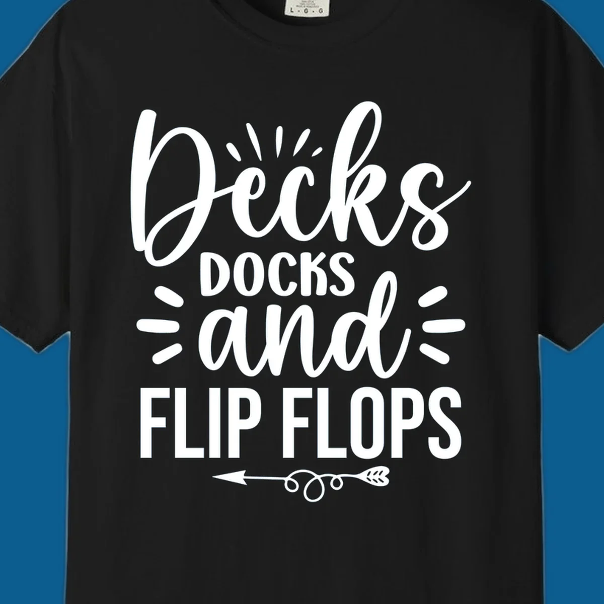 Decks Docks and Flip Flops text design with decorative arrow.