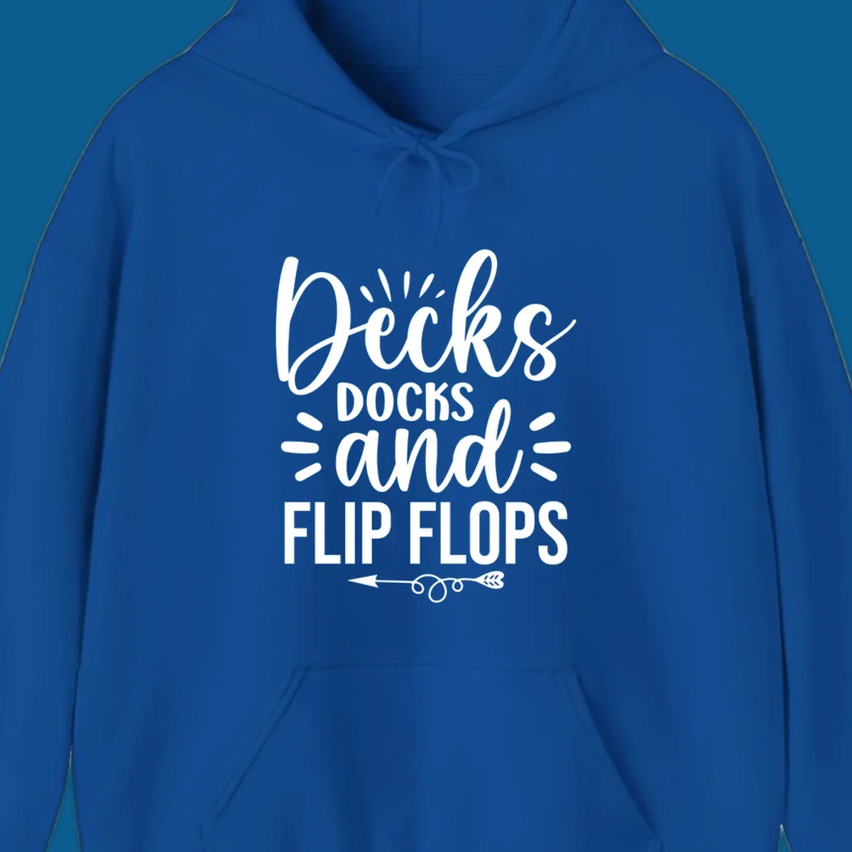 Decks Docks and Flip Flops text design with decorative arrow.