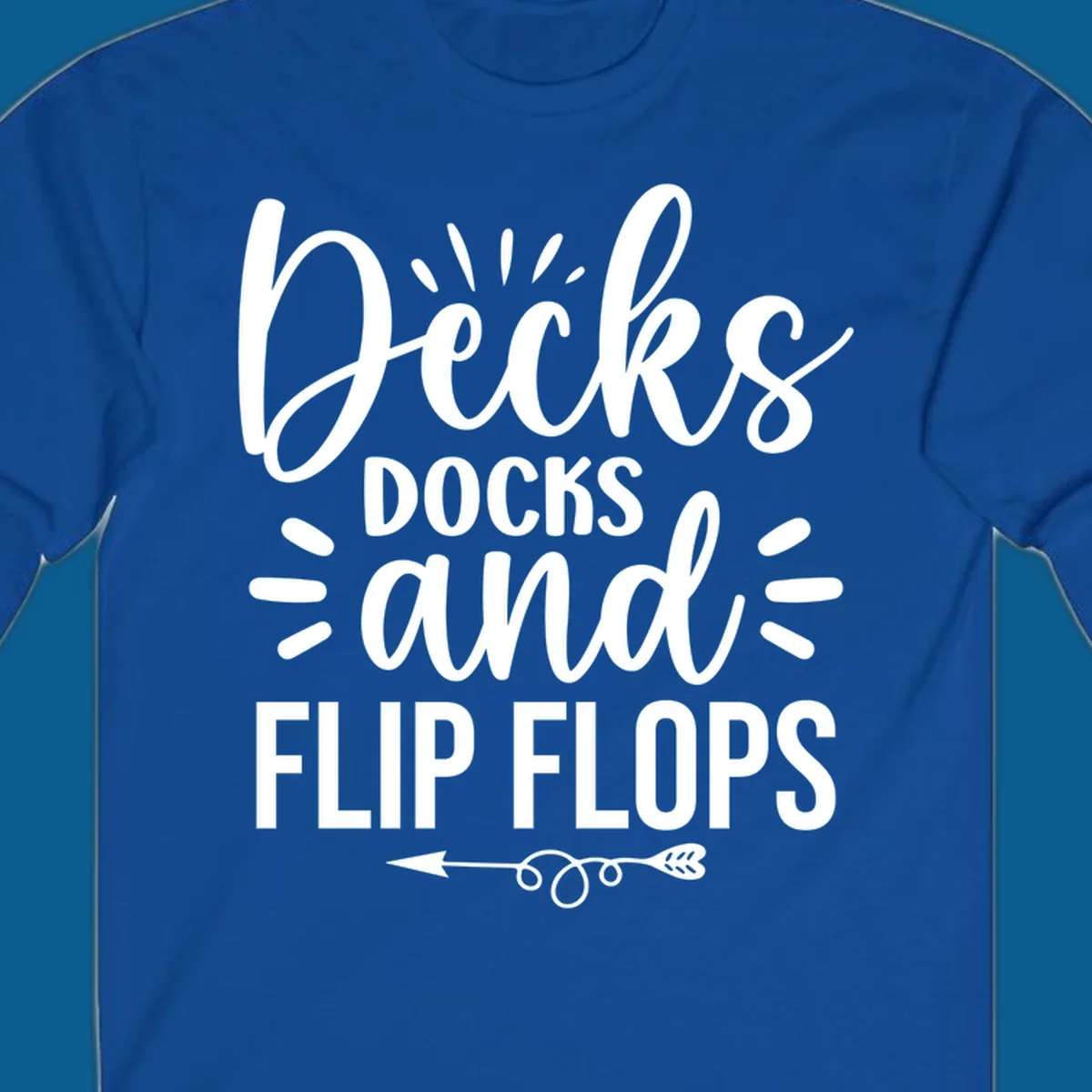 Decks Docks and Flip Flops text design with decorative arrow.