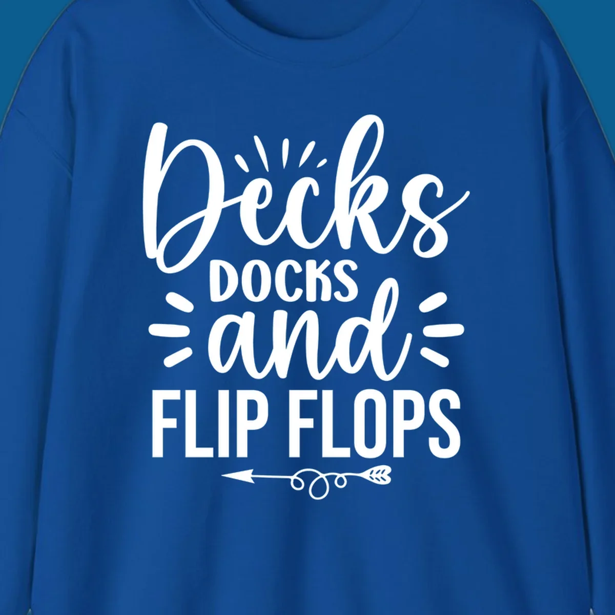 Decks Docks and Flip Flops text design with decorative arrow.