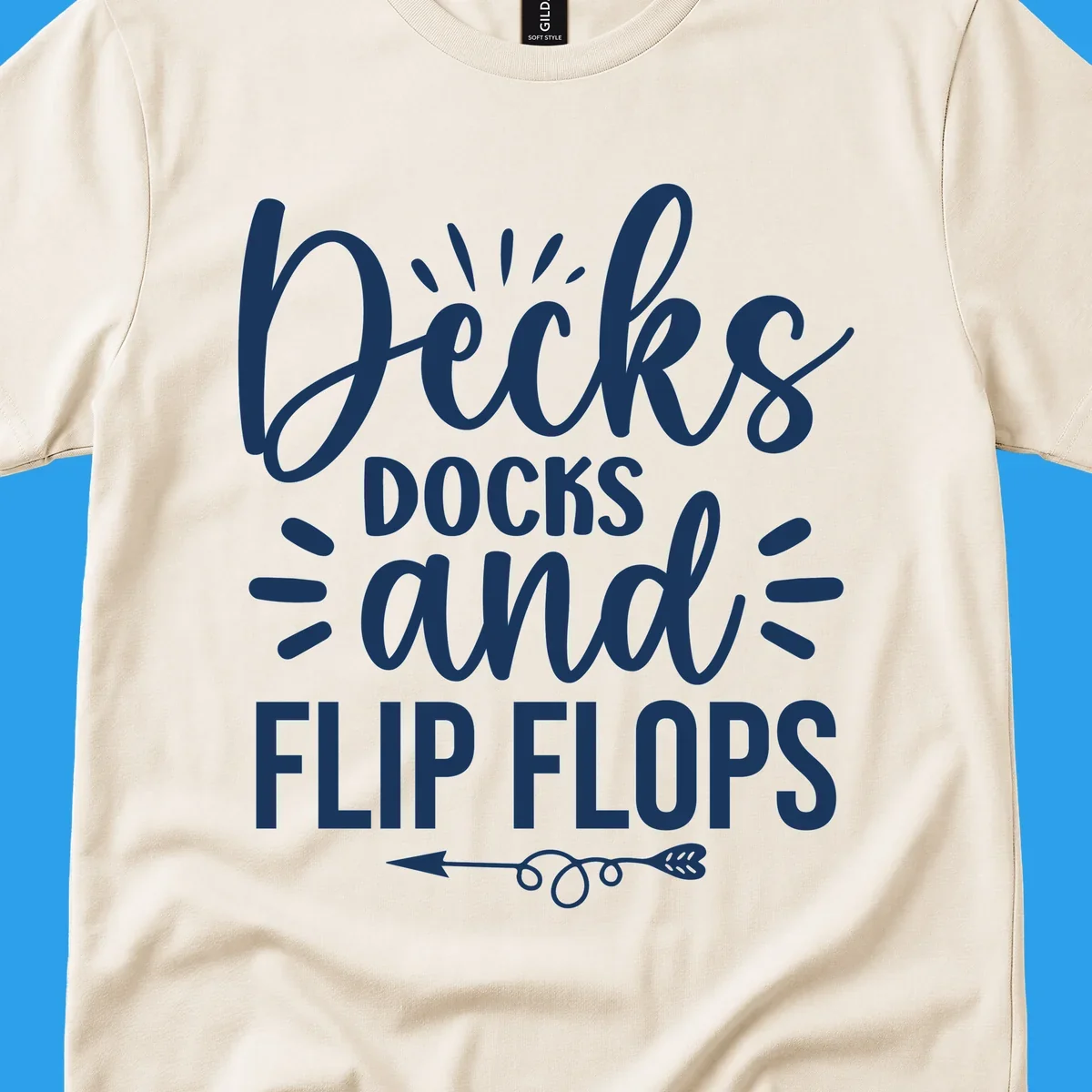 Decks Docks and Flip Flops text design with decorative arrow.