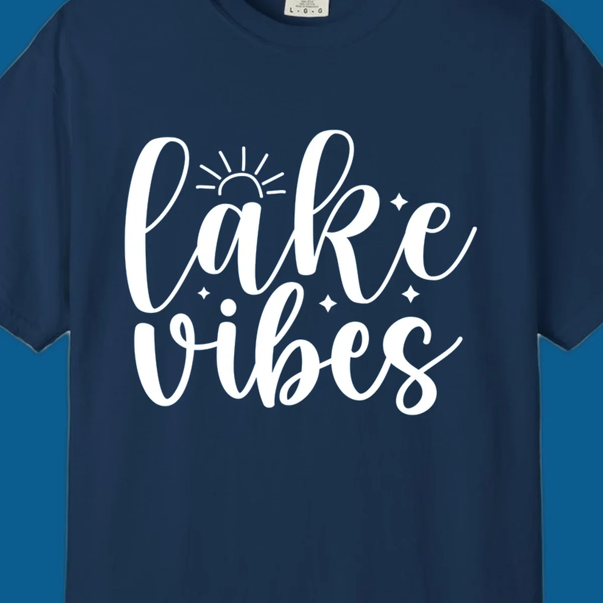 White script text that reads 'lake vibes' with sun and sparkle graphics, representing the lake-vibes-script concept.