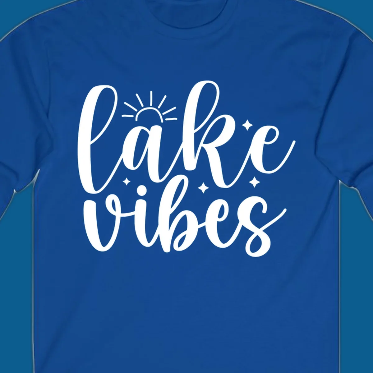 White script text that reads 'lake vibes' with sun and sparkle graphics, representing the lake-vibes-script concept.