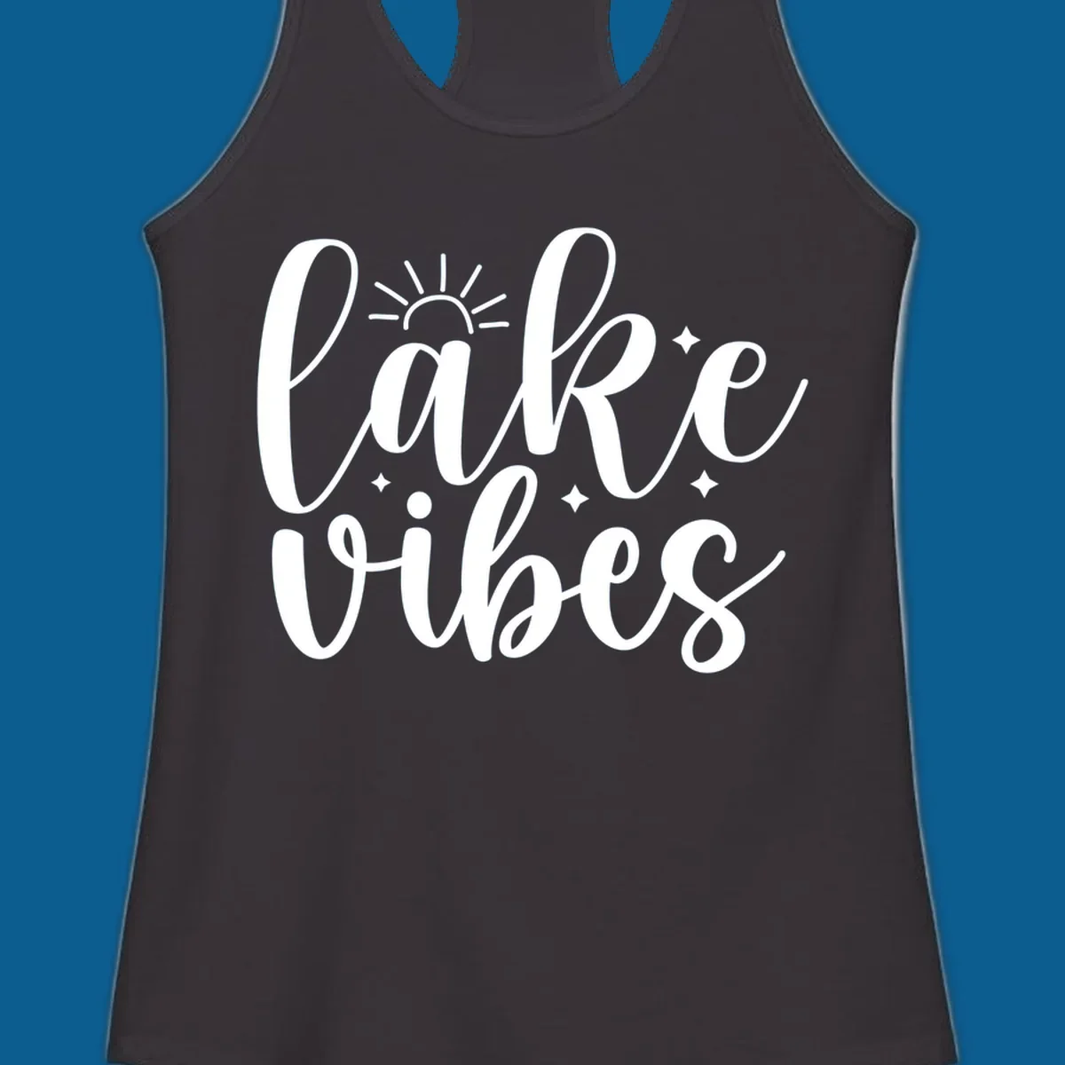 White script text that reads 'lake vibes' with sun and sparkle graphics, representing the lake-vibes-script concept.