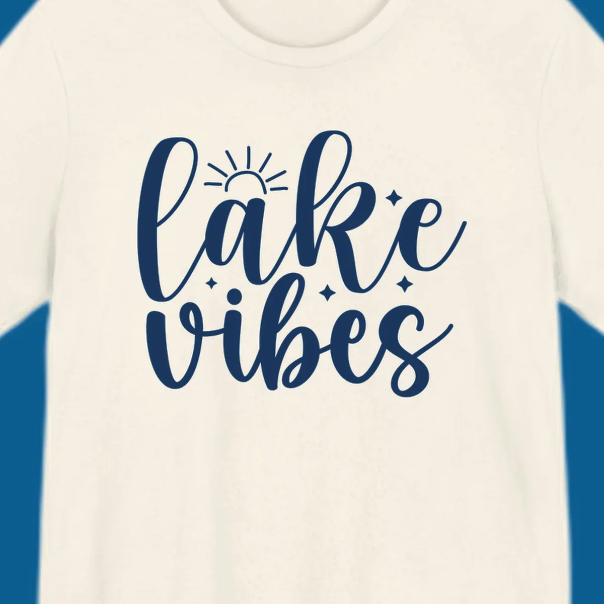 White script text that reads 'lake vibes' with sun and sparkle graphics, representing the lake-vibes-script concept.
