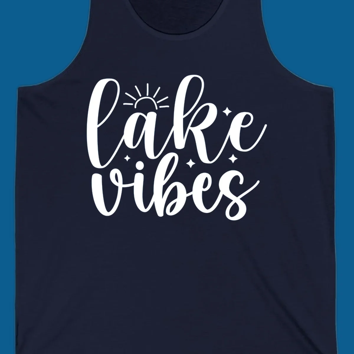 White script text that reads 'lake vibes' with sun and sparkle graphics, representing the lake-vibes-script concept.