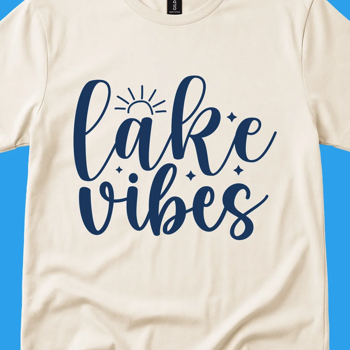 White script text that reads 'lake vibes' with sun and sparkle graphics, representing the lake-vibes-script concept.