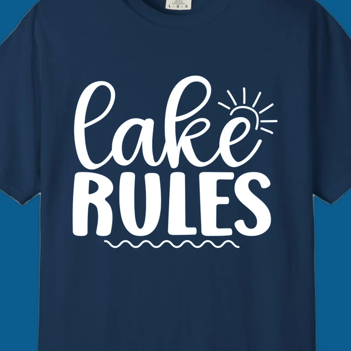 Lake Rules text with sun and waves graphic for lake life lifestyle.
