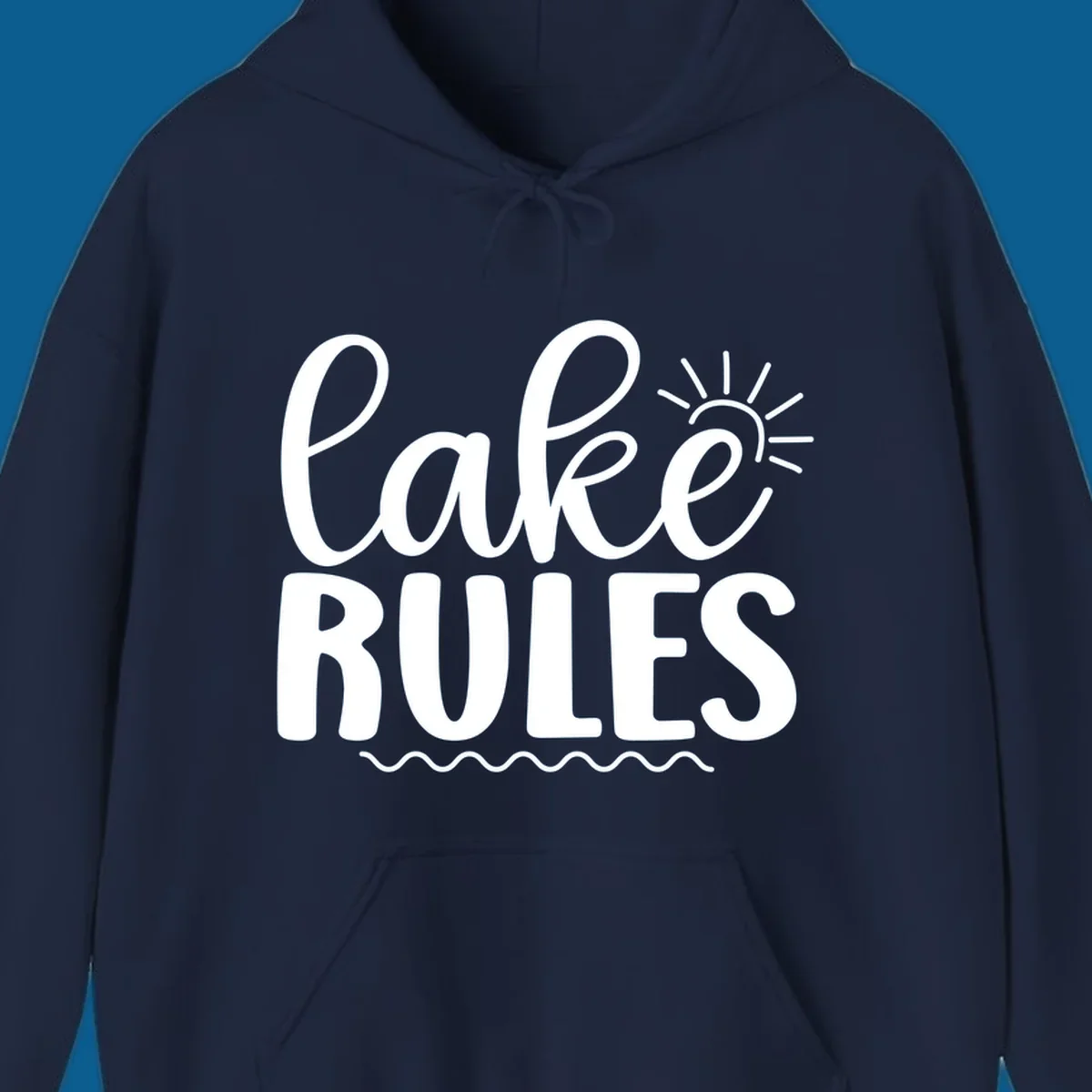 Lake Rules text with sun and waves graphic for lake life lifestyle.