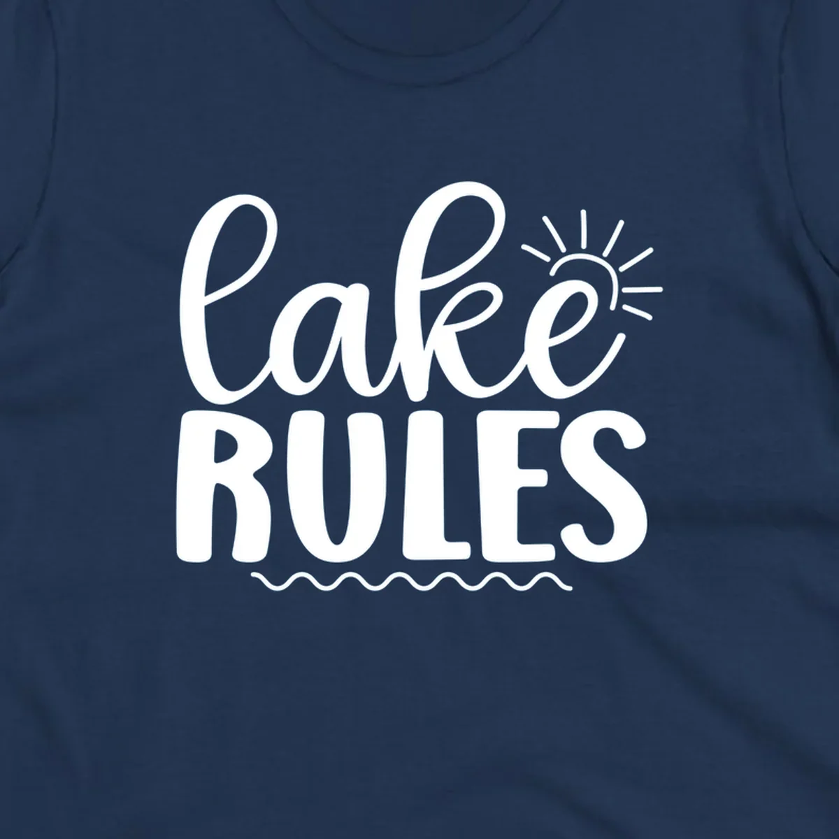 Lake Rules text with sun and waves graphic for lake life lifestyle.