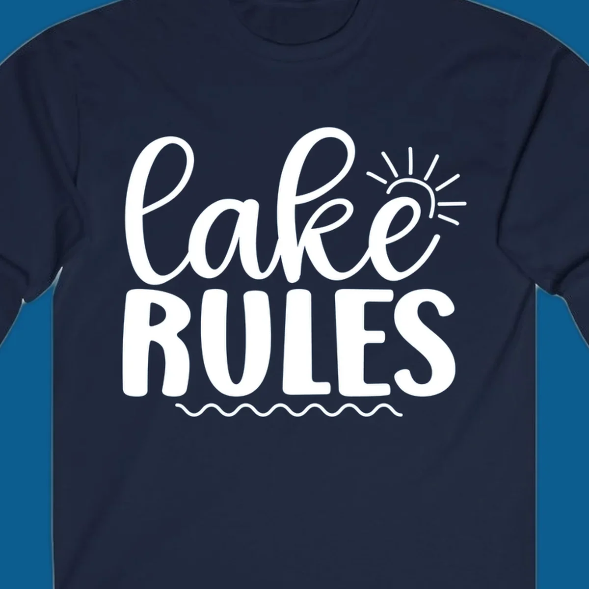 Lake Rules text with sun and waves graphic for lake life lifestyle.