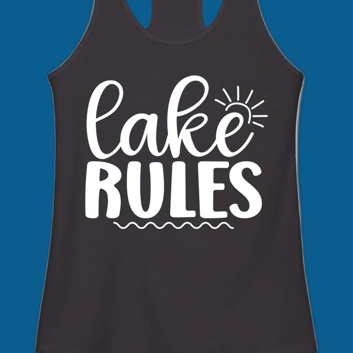 Lake Rules text with sun and waves graphic for lake life lifestyle.