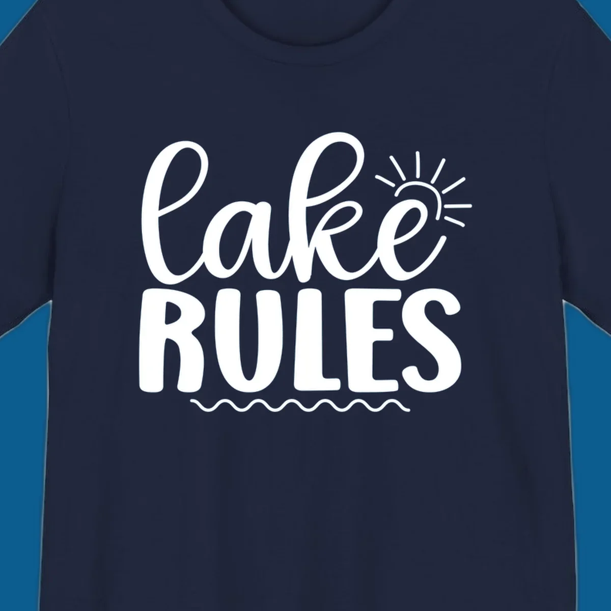 Lake Rules text with sun and waves graphic for lake life lifestyle.