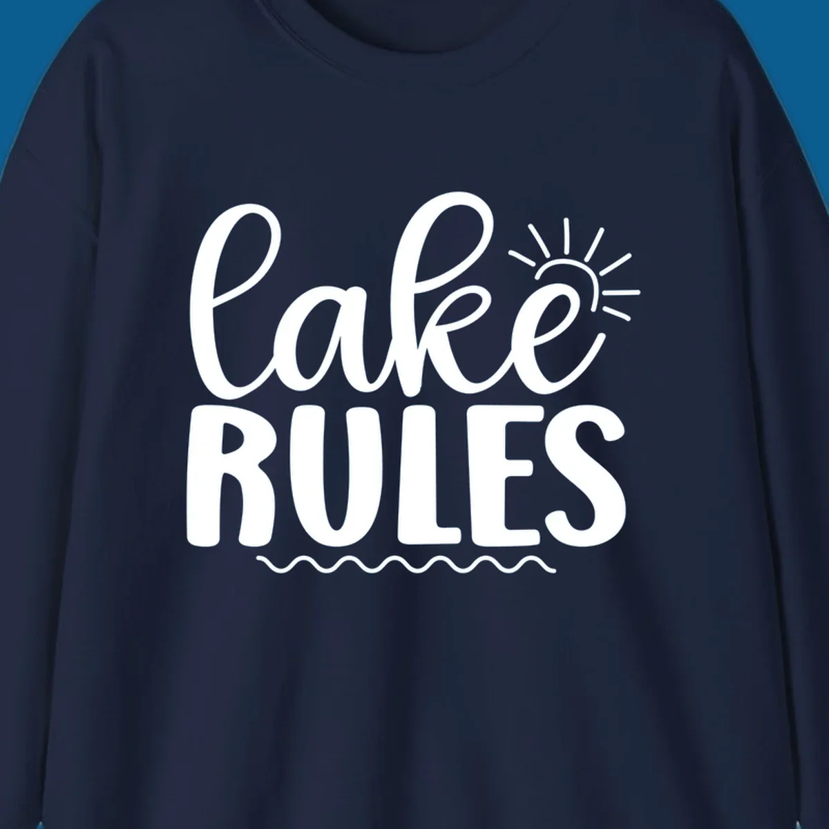 Lake Rules text with sun and waves graphic for lake life lifestyle.