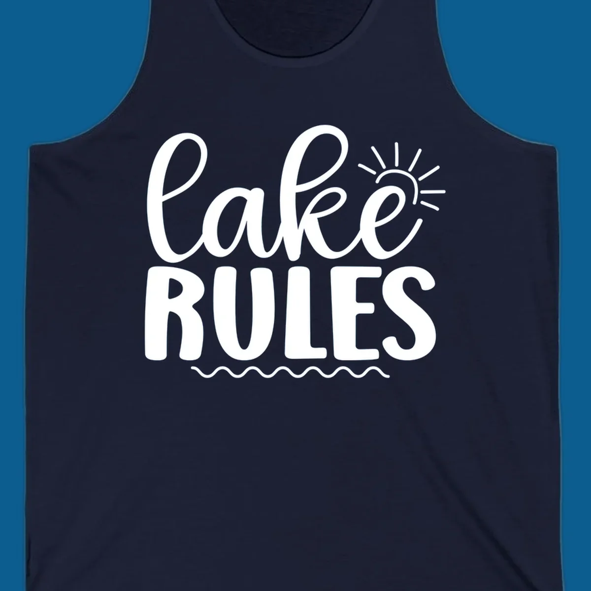 Lake Rules text with sun and waves graphic for lake life lifestyle.