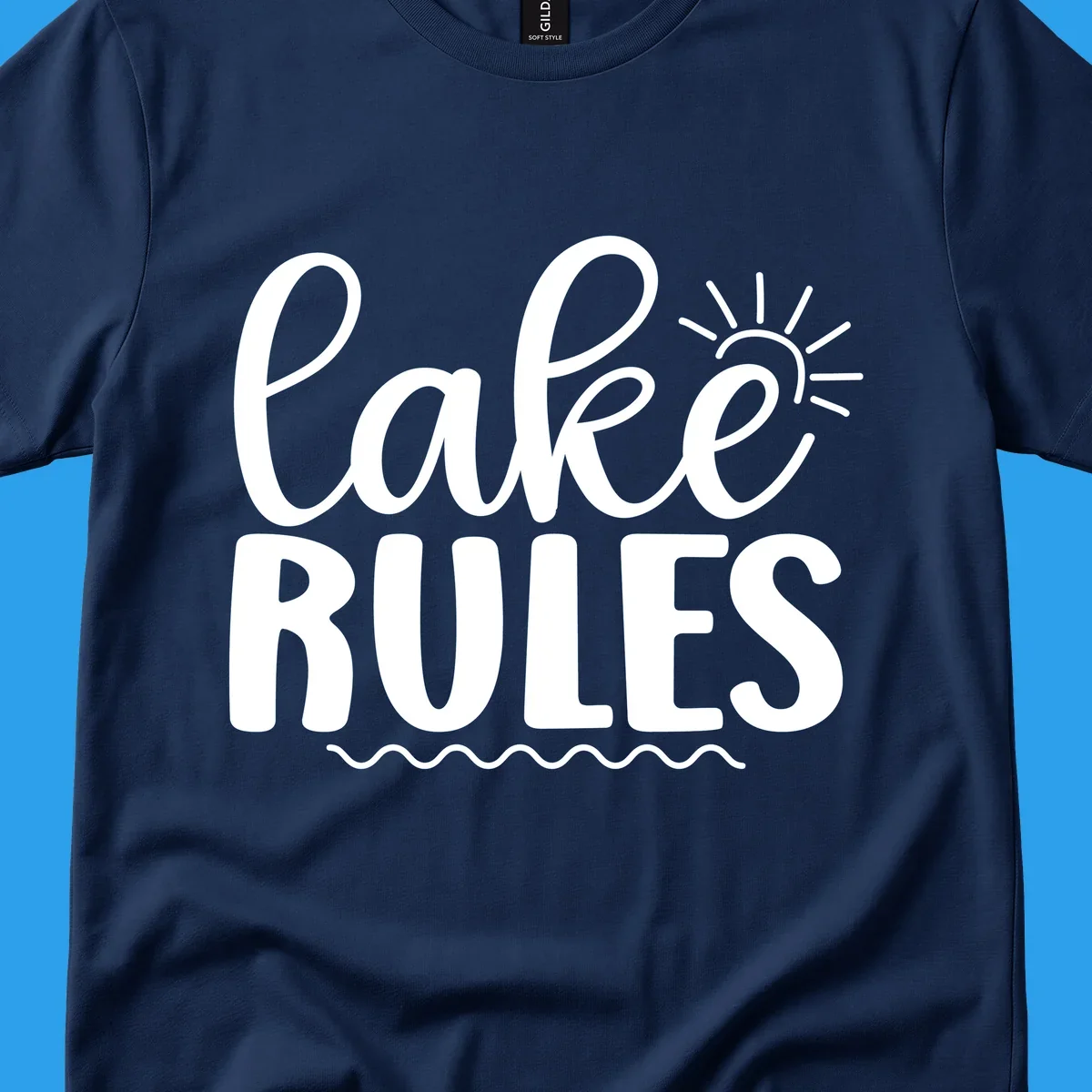 Lake Rules text with sun and waves graphic for lake life lifestyle.