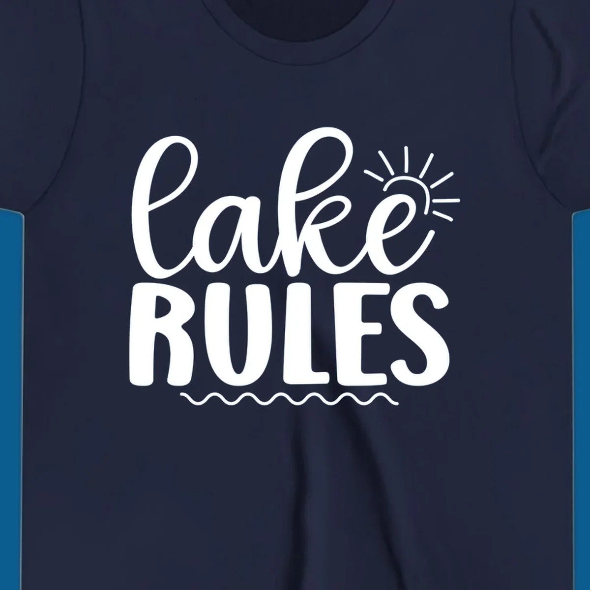 Lake Rules text with sun and waves graphic for lake life lifestyle.