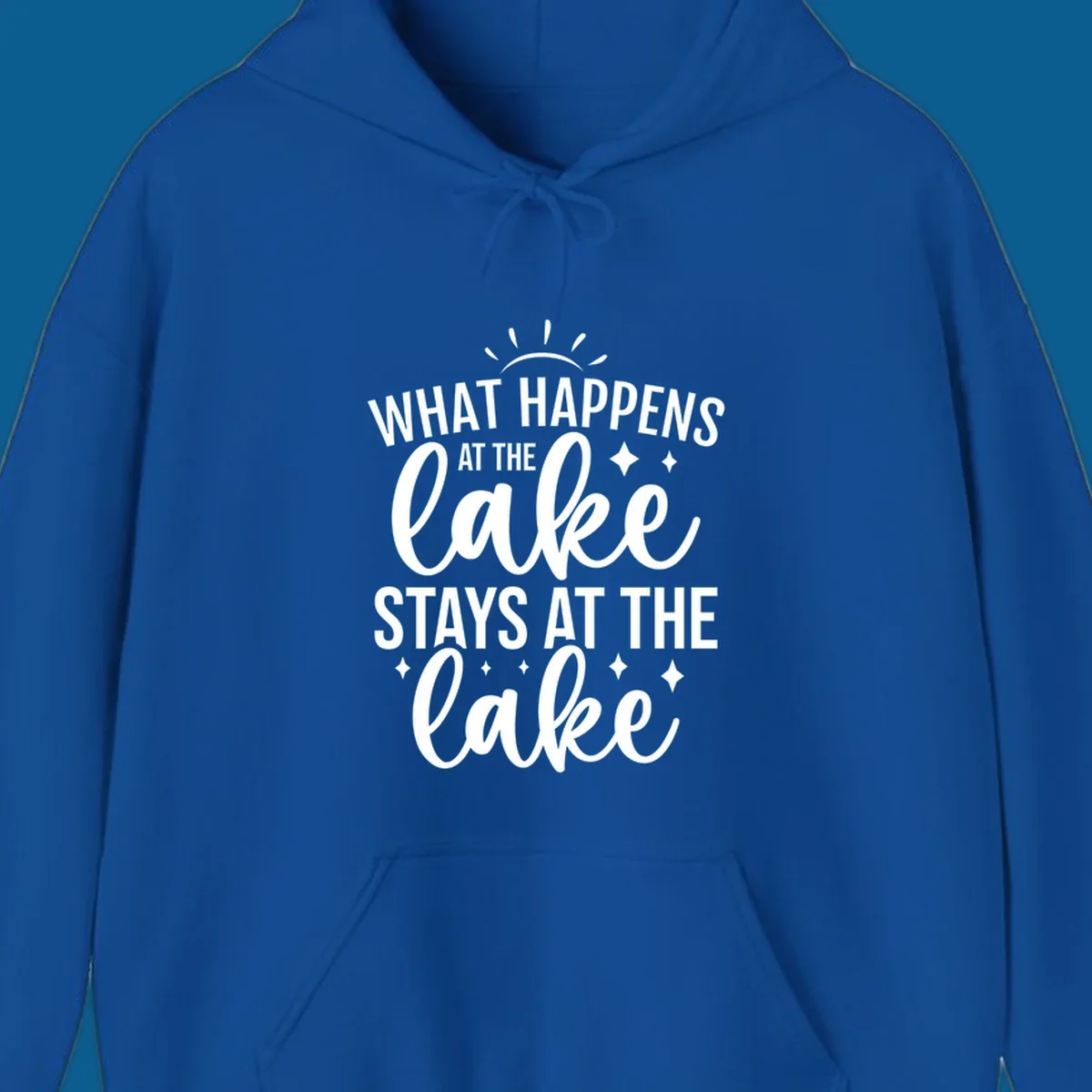 What happens at the lake stays at the lake quote design with sparkle stars.