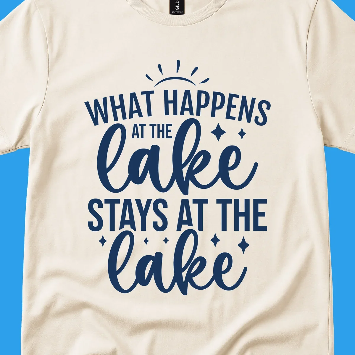 What happens at the lake stays at the lake quote design with sparkle stars.