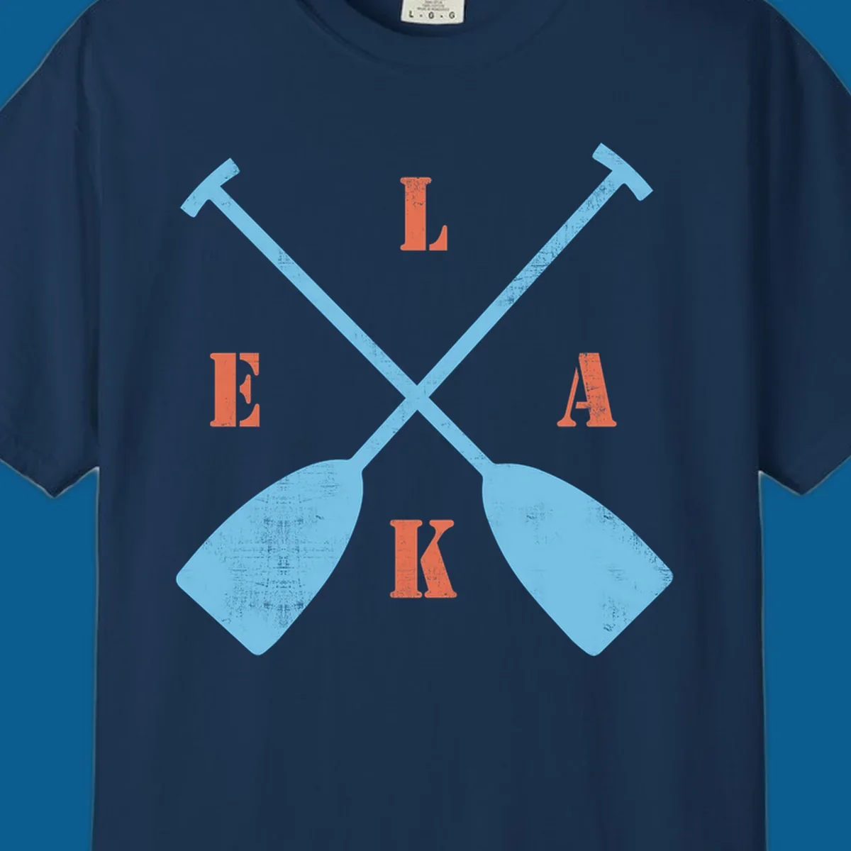 Crossed kayak paddles with letters spelling LAKE, representing lake-kayak-life.
